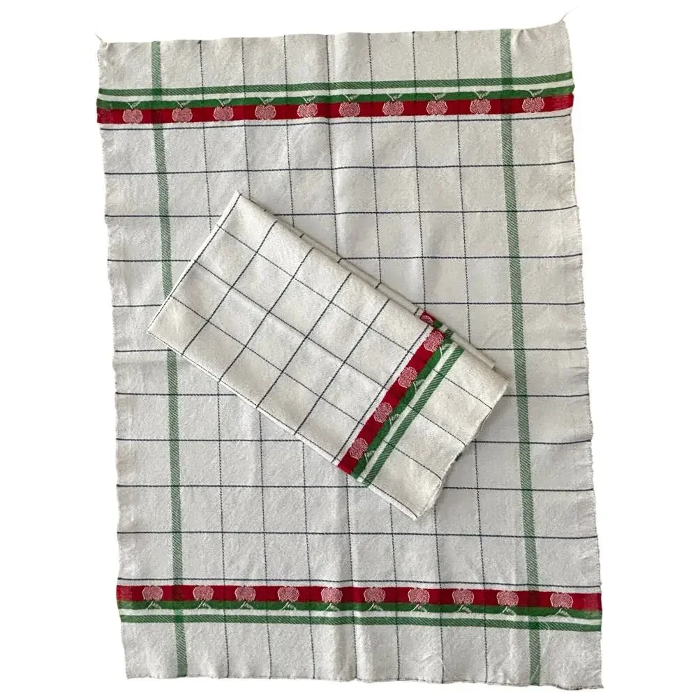 FIVE kitchen tea towels woven cotton cloth white blue red apple motif unfinished
